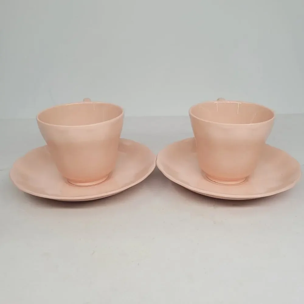 Grindley Peach Petal Pink Teacups Saucers Set of‎ 2 Vintage Wavy Rim China 3-5